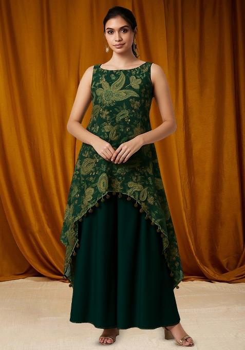 Green Crepe Embroidered Fusion Set