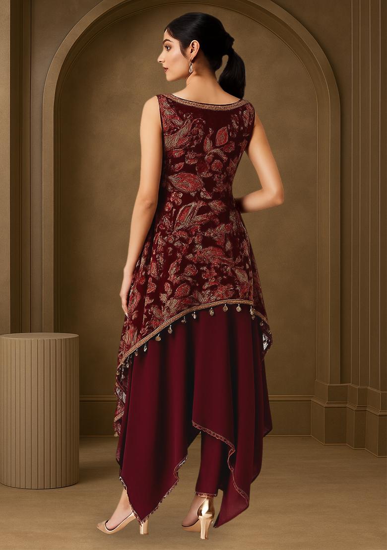 Maroon Crepe Embroidered Fusion Set - Indya