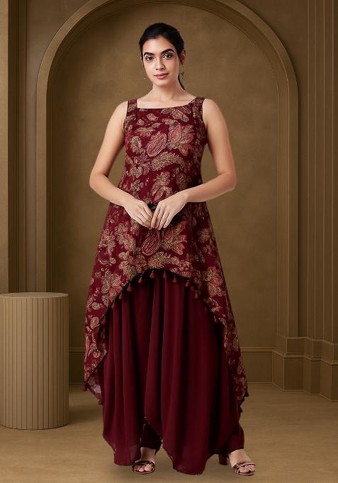 Maroon Crepe Embroidered Fusion Set
