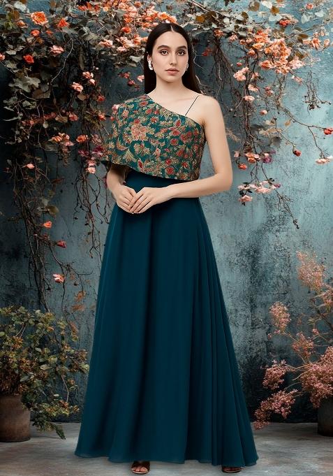 Bottle Green Embroidered Georgette Sharara Set