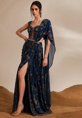 Navy Blue Embroidered Georgette Sharara Set