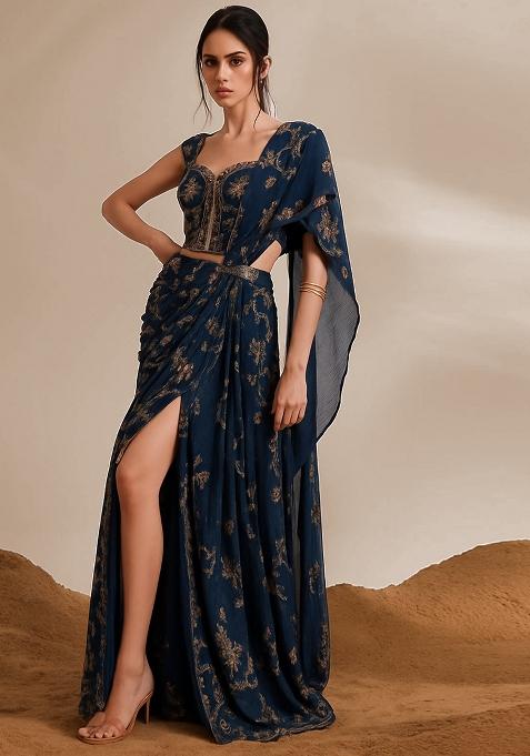 Navy Blue Embroidered Georgette Sharara Set