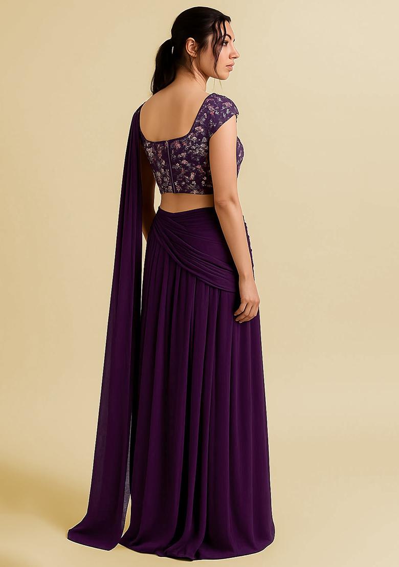 Peach Floral Print Georgette Fusion Set - Indya