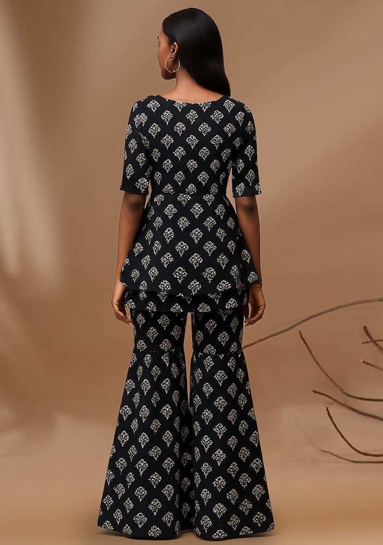 Black Floral Print Cotton Fusion Set - Indya