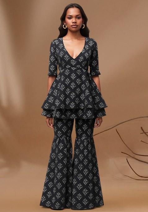 Black Floral Print Cotton Fusion Set