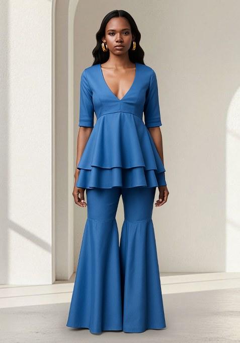 Blue Solid Cotton Fusion Set