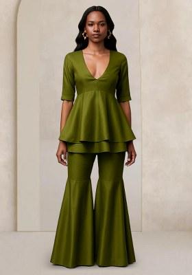 Olive Green Solid Cotton Fusion Set