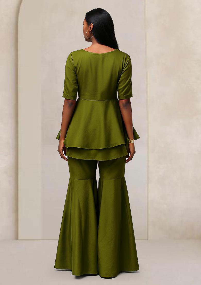 Olive Green Solid Cotton Fusion Set - Indya
