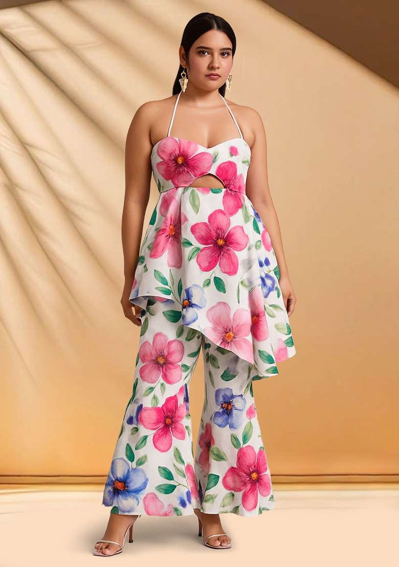 Multi Color Floral Print Cotton Fusion Set - Indya