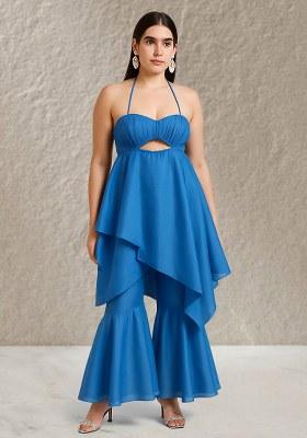 Blue Solid Cotton Fusion Set