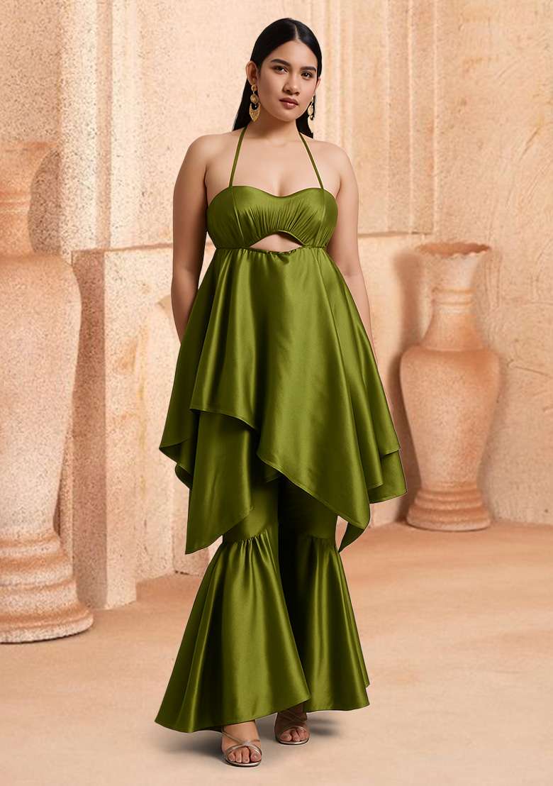 Olive Green Solid Cotton Fusion Set - Indya