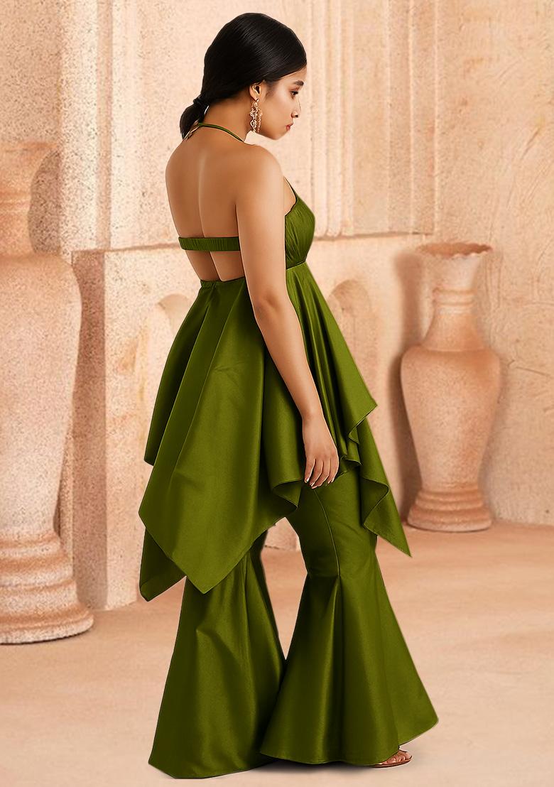 Olive Green Solid Cotton Fusion Set - Indya