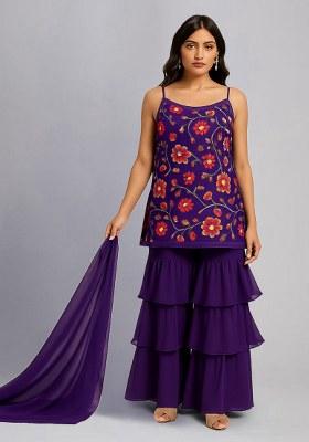 Purple Floral Print Crepe Kurta Set