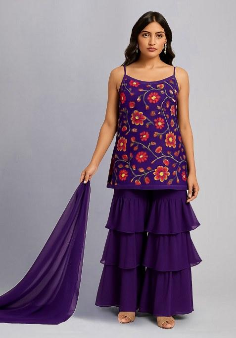 Purple Floral Print Crepe Kurta Set