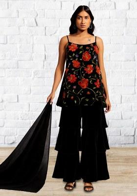 Black Floral Print Crepe Kurta Set