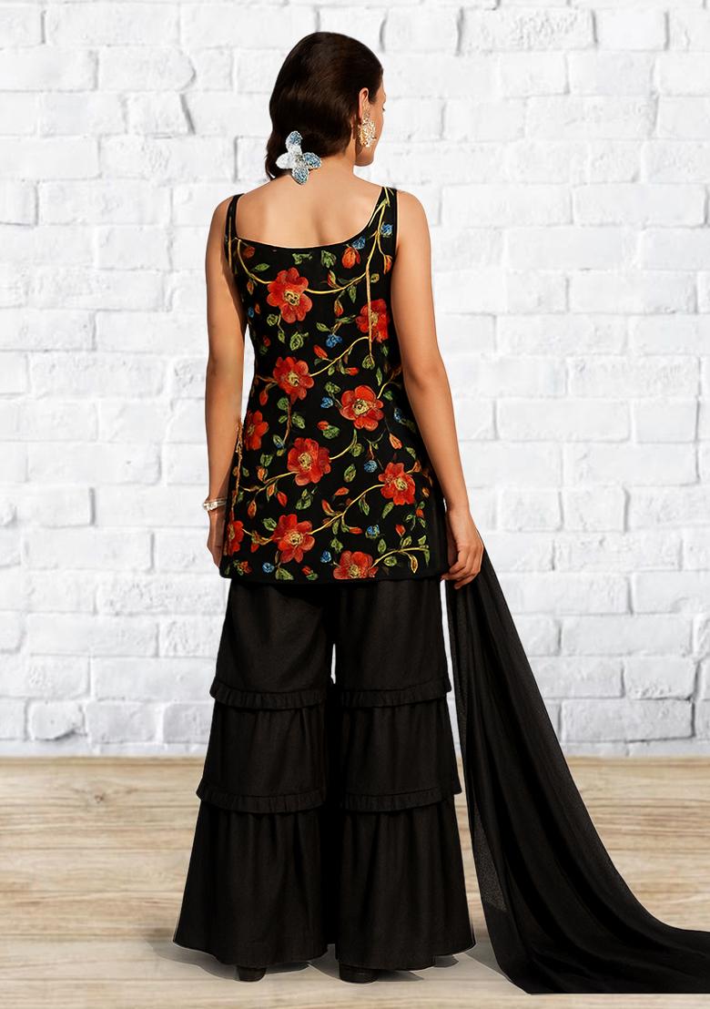 Black Floral Print Crepe Kurta Set - Indya