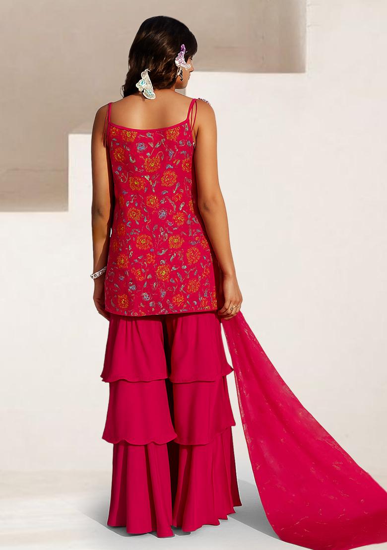 Pink Floral Print Crepe Kurta Set - Indya