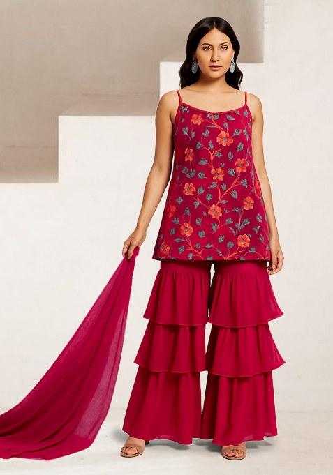 Pink Floral Print Crepe Kurta Set