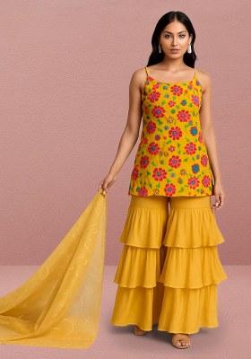 Yellow Floral Print Crepe Kurta Set