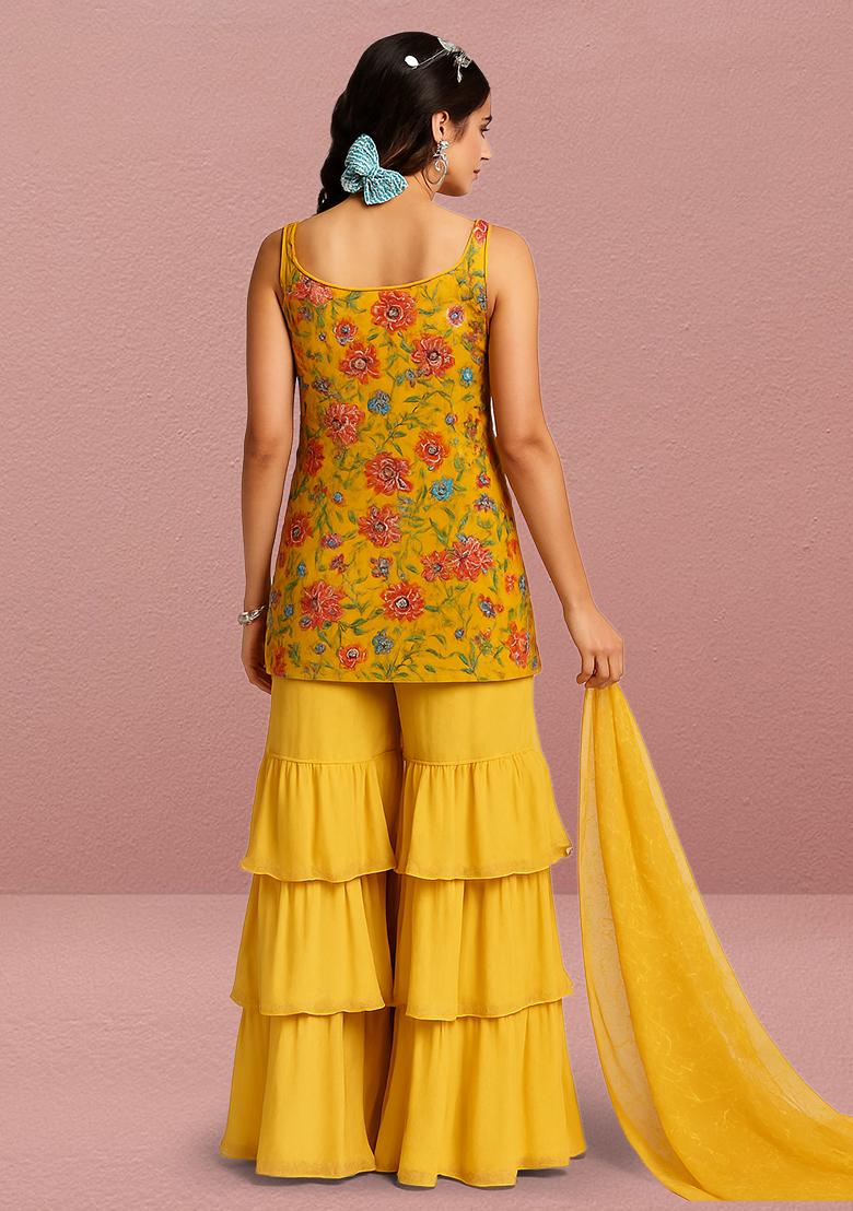 Yellow Floral Print Crepe Kurta Set - Indya