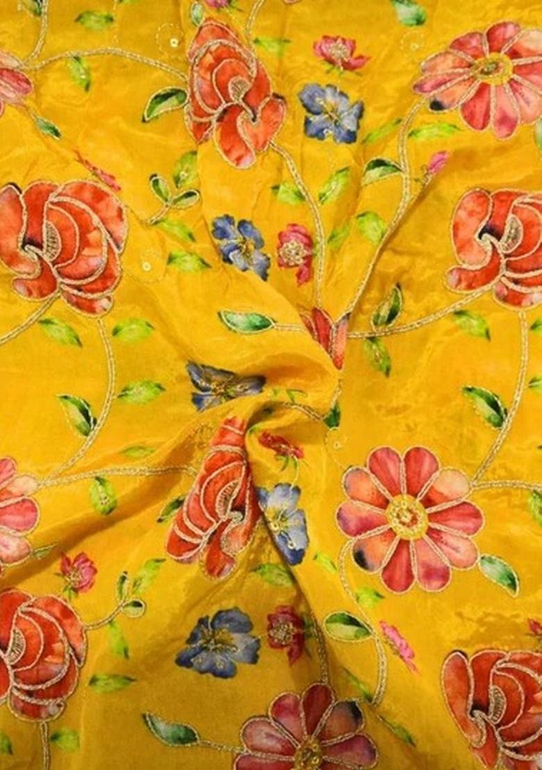 Yellow Floral Print Crepe Kurta Set - Indya