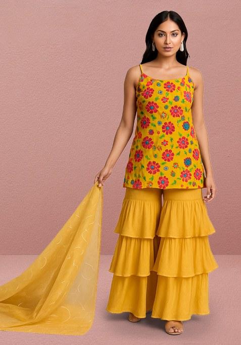 Yellow Floral Print Crepe Kurta Set
