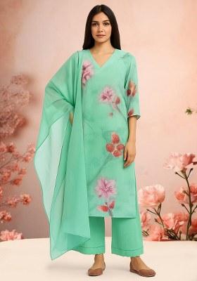 Pista Green Floral Printed Crepe Kurta Set