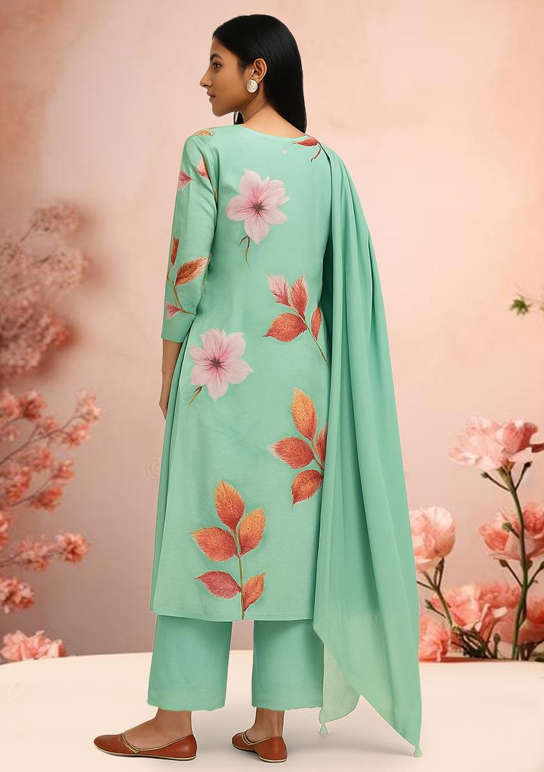 Pista Green Floral Printed Crepe Kurta Set - Indya