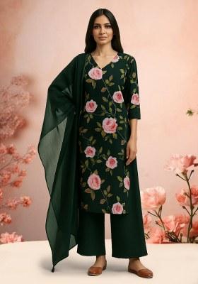 Bottle Green Floral Printed Crepe Kurta Set