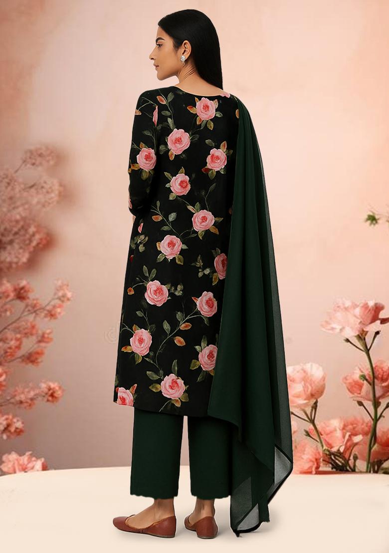 Bottle Green Floral Printed Crepe Kurta Set - Indya