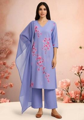 Lilac Floral Printed Crepe Kurta Set