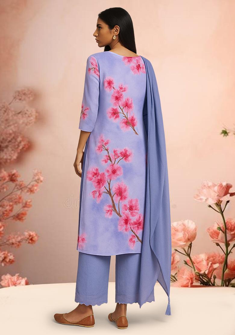 Lilac Floral Printed Crepe Kurta Set - Indya