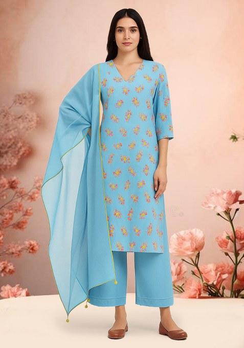 Sky Blue Floral Printed Crepe Kurta Set