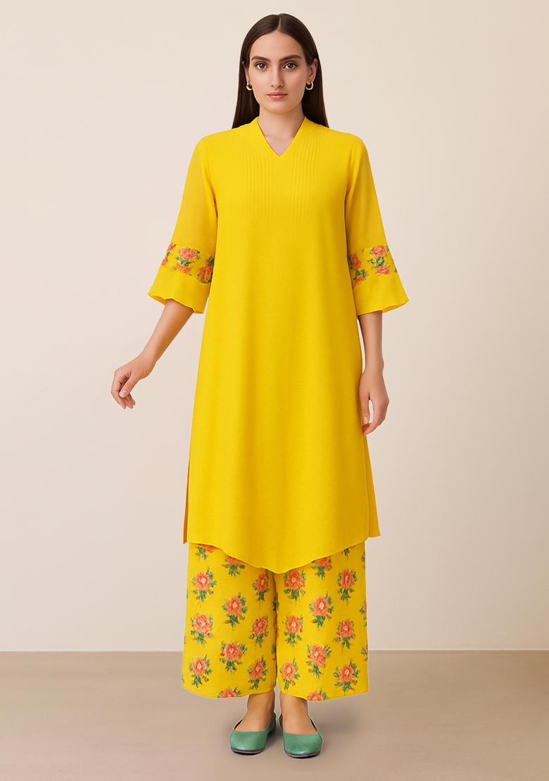 Yellow Floral Printed Satin Kurta Set