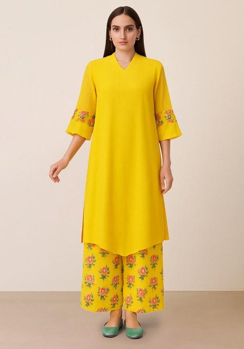 Yellow Floral Printed Satin Kurta Set