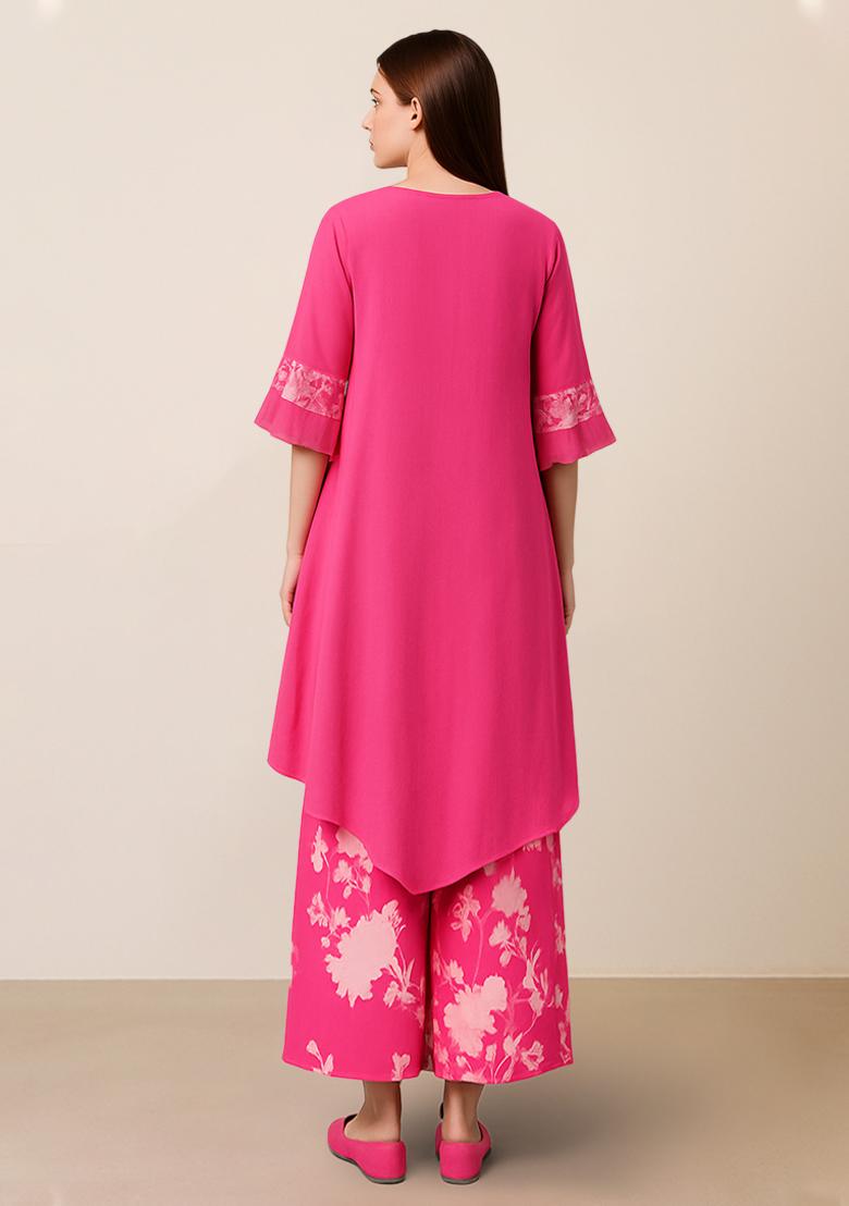 Pink Floral Printed Satin Kurta Set - Indya