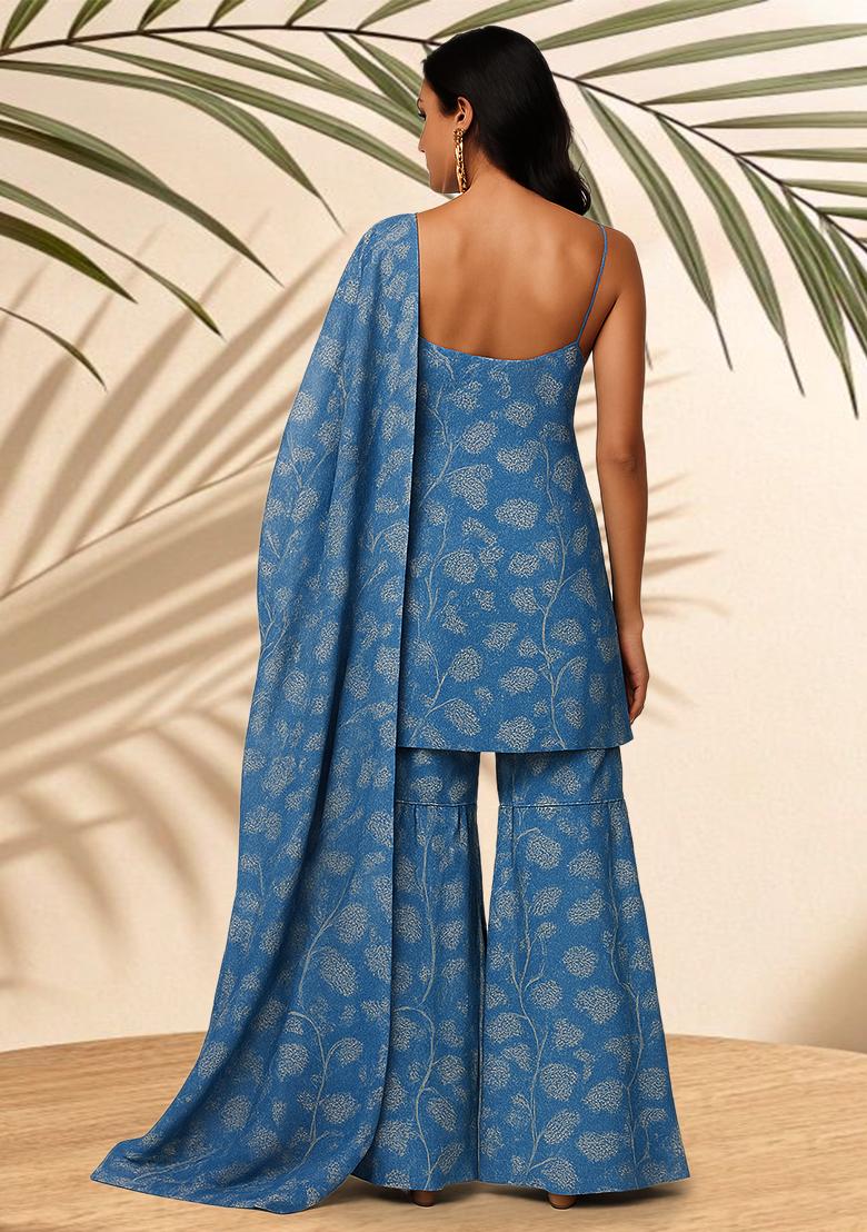 Blue Floral Printed Crepe Kurta Set - Indya