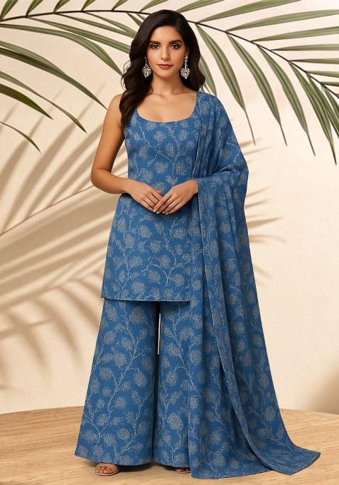 Blue Floral Printed Crepe Kurta Set