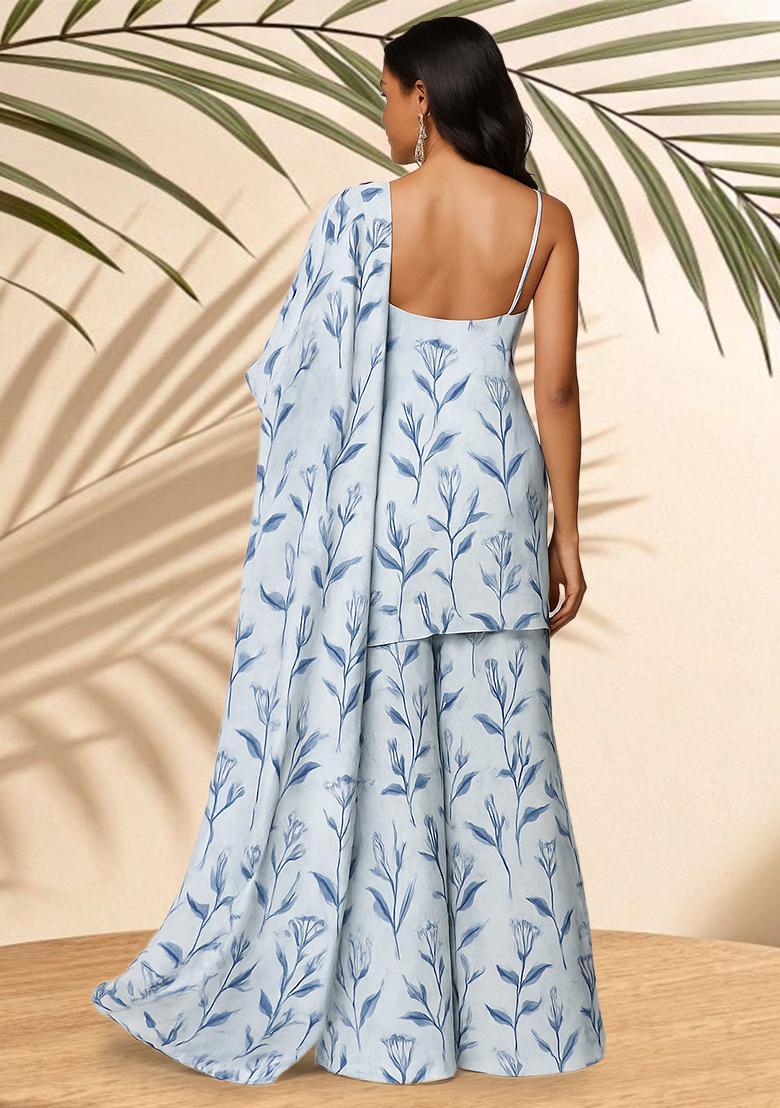 Sky Blue Floral Printed Crepe Kurta Set - Indya