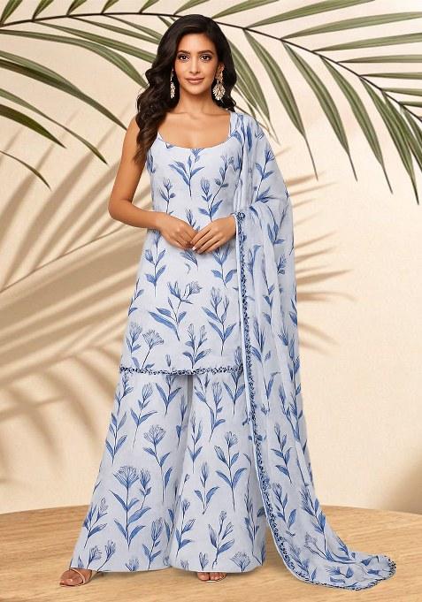 Sky Blue Floral Printed Crepe Kurta Set