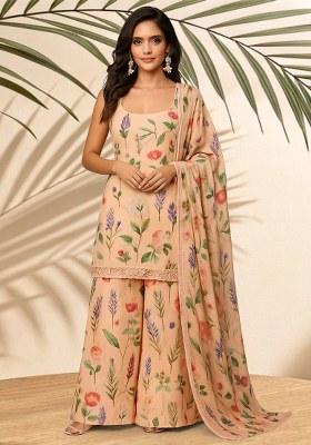 Peach Floral Printed Crepe Kurta Set