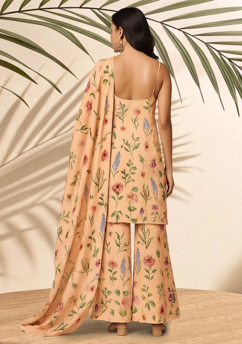 Peach Floral Printed Crepe Kurta Set - Indya