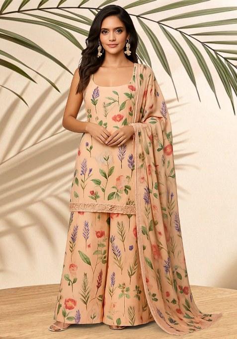 Peach Floral Printed Crepe Kurta Set