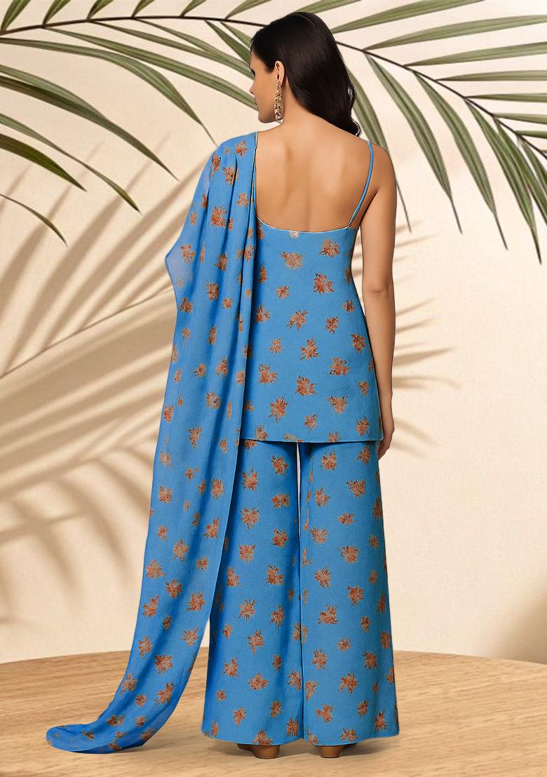 Sky Blue Floral Printed Crepe Kurta Set - Indya