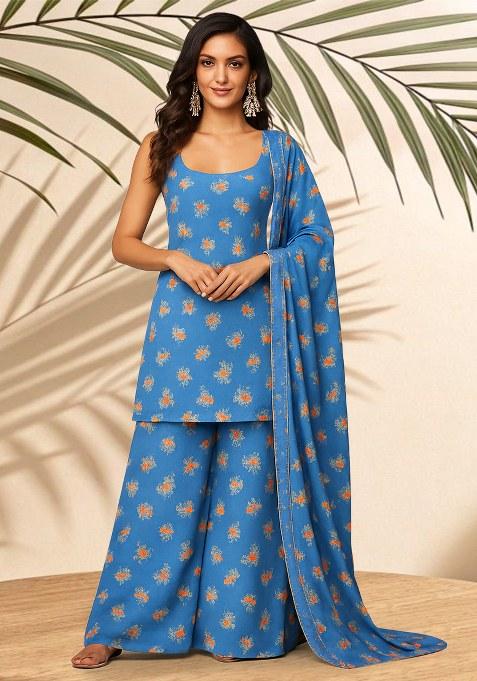 Sky Blue Floral Printed Crepe Kurta Set