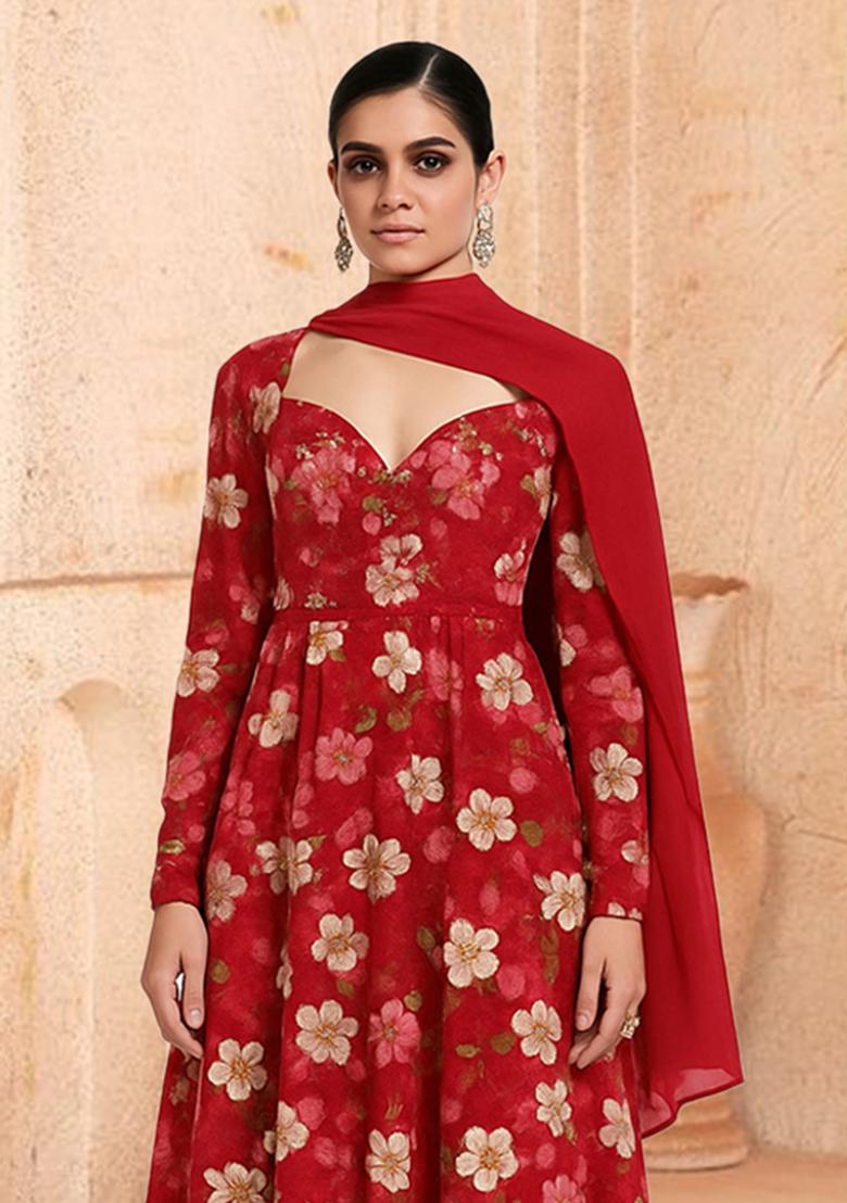 Red Crepe Floral Printed Anarkali Set - Indya