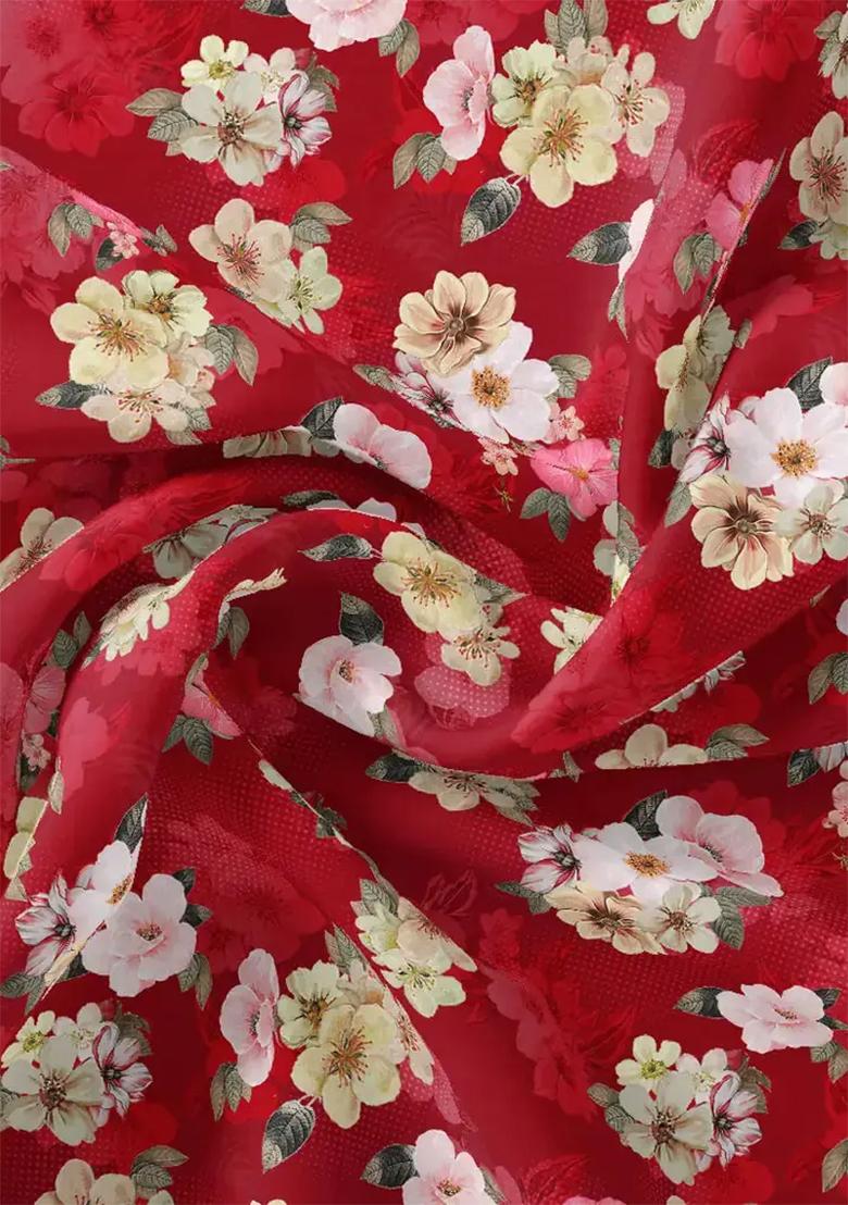 Red Crepe Floral Printed Anarkali Set - Indya