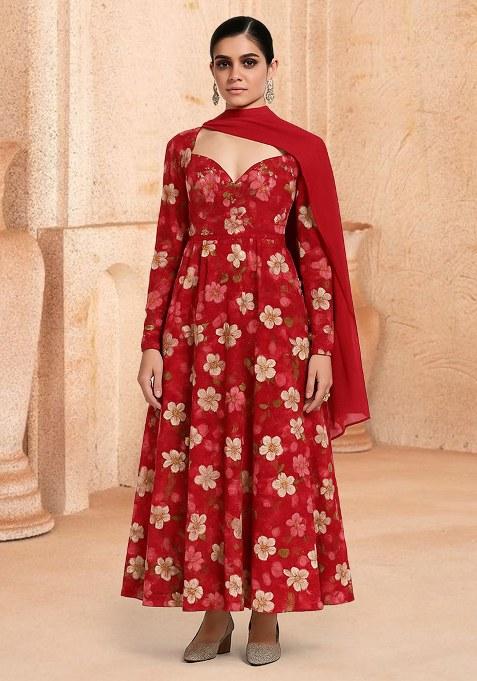 Red Crepe Floral Printed Anarkali Set
