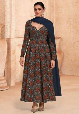 Dark Blue Crepe Floral Printed Anarkali Set