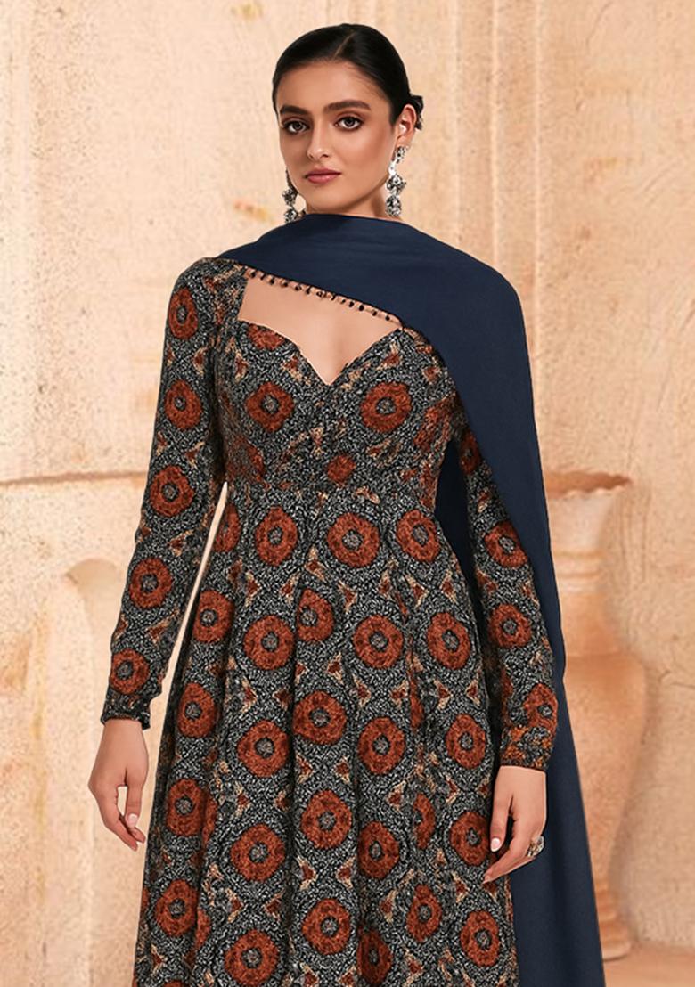 Dark Blue Crepe Floral Printed Anarkali Set - Indya